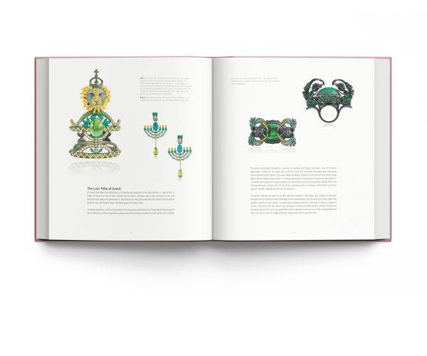 Book cover of Lydia Courteille, A Jeweller’s Odyssey, with a porcelain skinned female model adorned with bold pink jewelled earrings and brooches. Published by ACC Art Books.