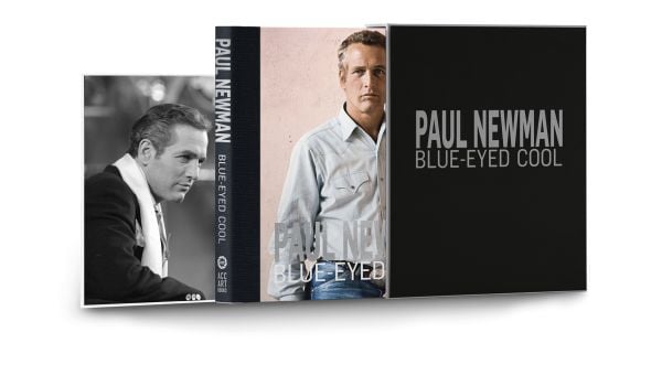Slip cased book cover Paul Newman: Blue-Eyed Cool, Deluxe, Lawrence Fried, featuring a publicity shot of Paul Newman wearing white scarf. Published by ACC Art Books.