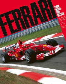 Book cover of Ferrari, From Inside and Outside, with World champion formula one driver Michael Schumacher racing his Ferrari. Published by ACC Art Books.