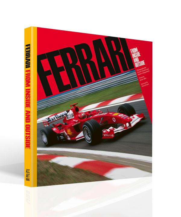 Book cover of Ferrari, From Inside and Outside, with World champion formula one driver Michael Schumacher racing his Ferrari. Published by ACC Art Books.