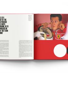 World champion formula one driver Michael Schumacher in his Ferrari, on cover of 'Ferrari, From Inside and Outside', by ACC Art Books.