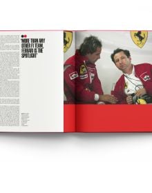 Book cover of Ferrari, From Inside and Outside, with World champion formula one driver Michael Schumacher racing his Ferrari. Published by ACC Art Books.