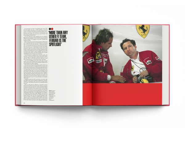 Book cover of Ferrari, From Inside and Outside, with World champion formula one driver Michael Schumacher racing his Ferrari. Published by ACC Art Books.
