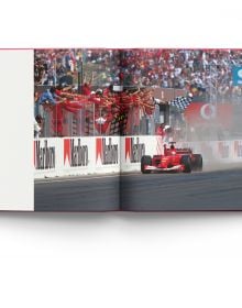 Book cover of Ferrari, From Inside and Outside, with World champion formula one driver Michael Schumacher racing his Ferrari. Published by ACC Art Books.