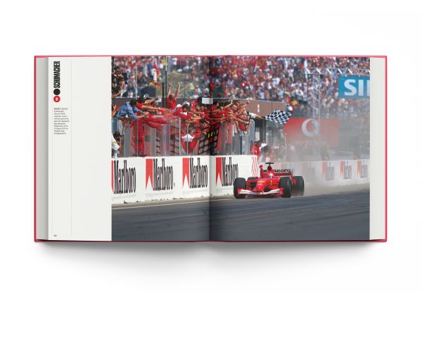 Book cover of Ferrari, From Inside and Outside, with World champion formula one driver Michael Schumacher racing his Ferrari. Published by ACC Art Books.