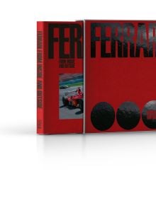 Book cover of Ferrari, From Inside and Outside, with F1 legend Michael Schumacher in red Ferrari, racing round corner of track. Published by ACC Art Books.