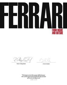 Book cover of Ferrari, From Inside and Outside, with F1 legend Michael Schumacher in red Ferrari, racing round corner of track. Published by ACC Art Books.