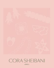 Pink silhouettes of jewelry pieces on darker pink cover of 'Cora Sheibani, Jewels', by ACC Art Books.