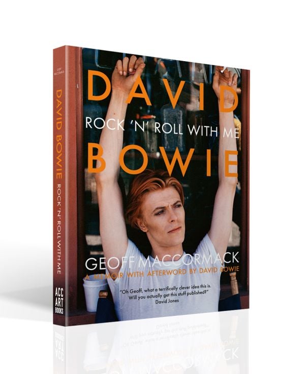 Book cover of David Bowie: Rock ’n’ Roll with Me, featuring David Bowie posing in white t-shirt with arms above head. Published by ACC Art Books.