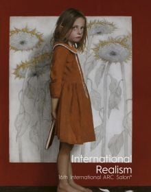 Book cover of International Realism, with an oil painting titled 'An Unsatisfying Ending, 2021', by Mark Pugh, featuring a girl holding a book behind her back, with sunflowers behind. Published by ACC Art Books.