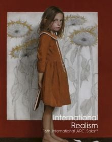 Oil painting 'An Unsatisfying Ending, 2021', by Mark Pugh, girl holding book behind her back, sunflowers in background, on cover of 'International Realism' by ACC Art Books.