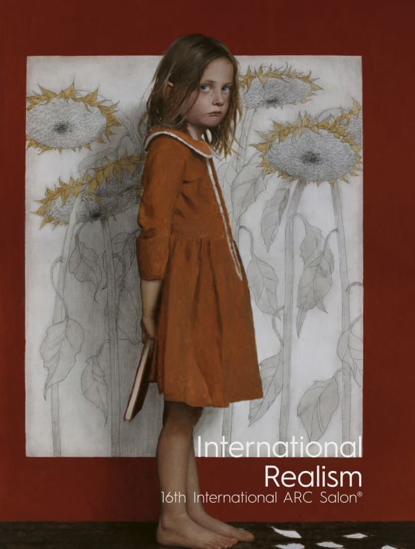 Book cover of International Realism, with an oil painting titled 'An Unsatisfying Ending, 2021', by Mark Pugh, featuring a girl holding a book behind her back, with sunflowers behind. Published by ACC Art Books.