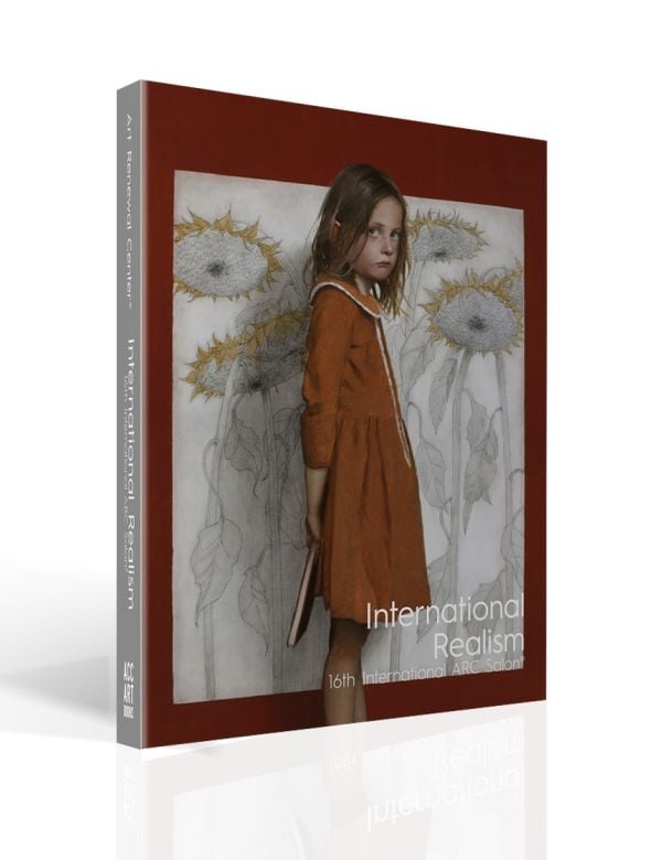 Book cover of International Realism, with an oil painting titled 'An Unsatisfying Ending, 2021', by Mark Pugh, featuring a girl holding a book behind her back, with sunflowers behind. Published by ACC Art Books.