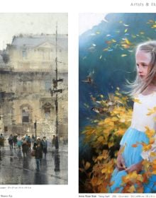 Oil painting 'An Unsatisfying Ending, 2021', by Mark Pugh, girl holding book behind her back, sunflowers in background, on cover of 'International Realism' by ACC Art Books.