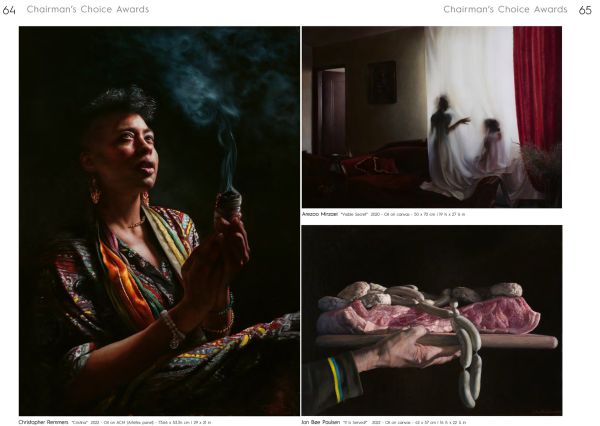 Book cover of International Realism, with an oil painting titled 'An Unsatisfying Ending, 2021', by Mark Pugh, featuring a girl holding a book behind her back, with sunflowers behind. Published by ACC Art Books.