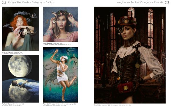 Book cover of International Realism, with an oil painting titled 'An Unsatisfying Ending, 2021', by Mark Pugh, featuring a girl holding a book behind her back, with sunflowers behind. Published by ACC Art Books.