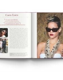 Book cover of Rihanna, and the clothes she wears, featuring Rihanna looking cool in black coat, PVC beret and sunglasses. Published by ACC Art Books.