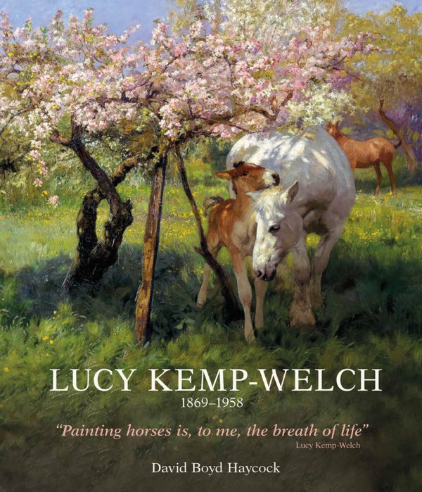 Book cover of Lucy Kemp-Welch 1869-1958, featuring a painting of white horse and brown foal standing in a field, beneath a pink blossom tree. Published by ACC Art Books.