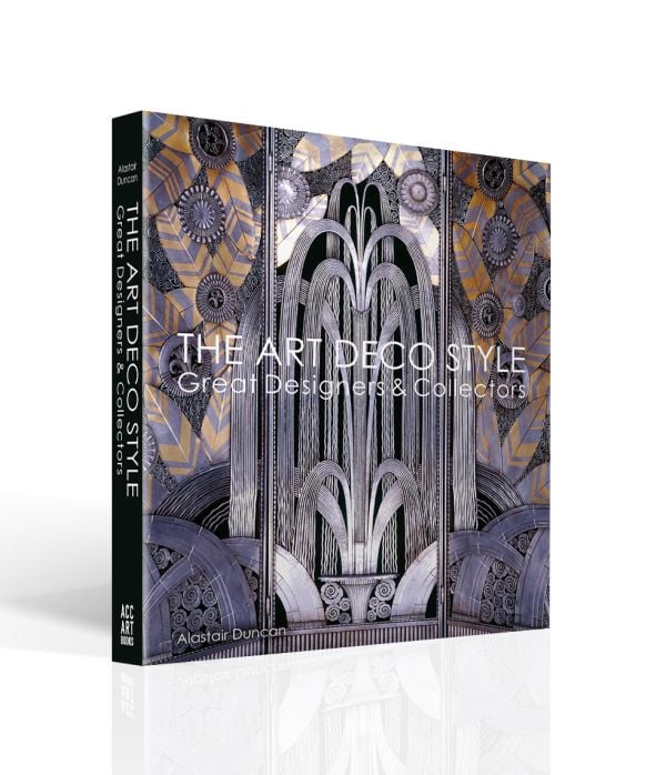 Book cover of The Art Deco Style, Great Designers & Collectors, with Schumacher art deco fountain wallpaper in gold and silver. Published by ACC Art Books.