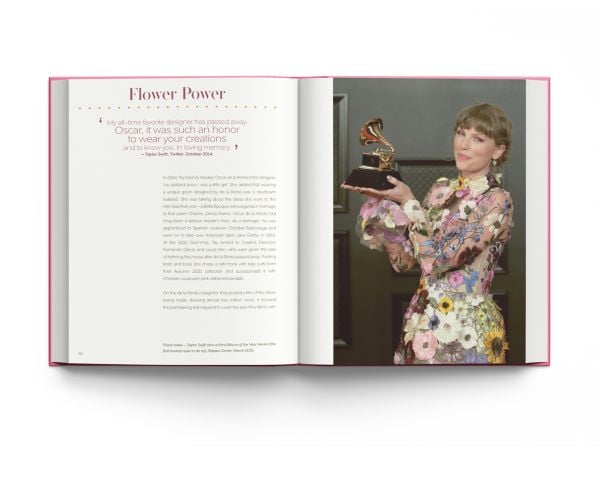 Book cover of Terry Newman's Taylor Swift, And the Clothes She Wears' featuring the singer on stage in silver sequin bodysuit and boots. Published by ACC Art Books.