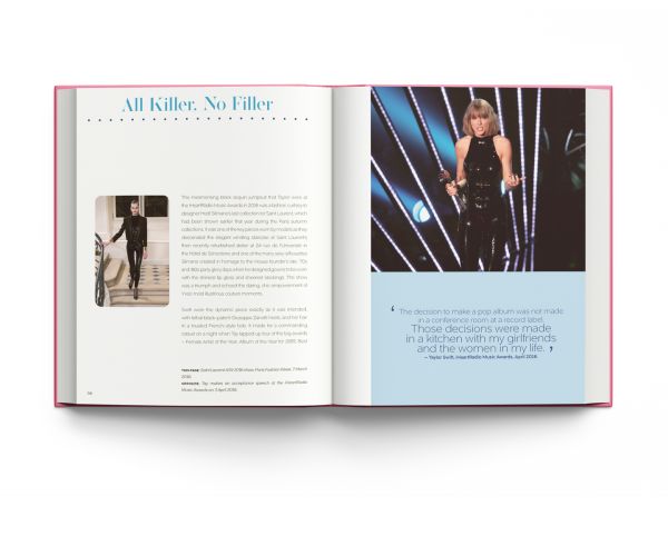 Book cover of Terry Newman's Taylor Swift, And the Clothes She Wears' featuring the singer on stage in silver sequin bodysuit and boots. Published by ACC Art Books.