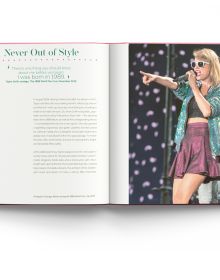 Book cover of Terry Newman's Taylor Swift, And the Clothes She Wears' featuring the singer on stage in silver sequin bodysuit and boots. Published by ACC Art Books.