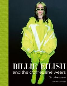 Billie Eilish at the Spotify Best New Artist Party, 2020, in a bright lime green Valentino outfit, on cover of 'Billie Eilish', And the Clothes She Wears, by ACC Art Books.