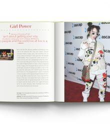 Book cover of Billie Eilish', And the Clothes She Wears, with the singer at the Spotify Best New Artist Party, 2020, in a bright lime green Valentino outfit. Published by ACC Art Books.
