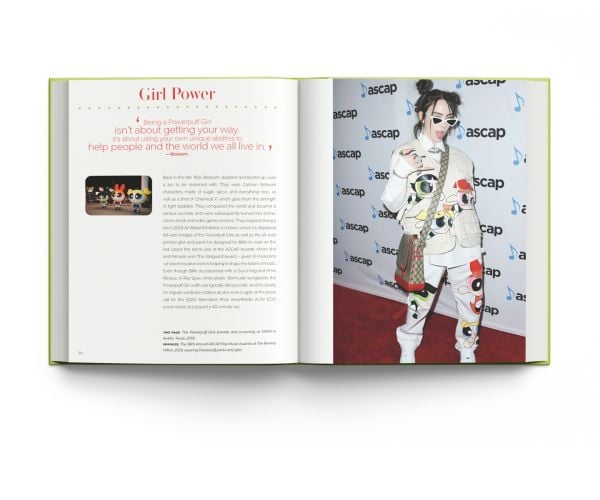 Book cover of Billie Eilish', And the Clothes She Wears, with the singer at the Spotify Best New Artist Party, 2020, in a bright lime green Valentino outfit. Published by ACC Art Books.