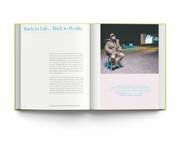 Book cover of Billie Eilish', And the Clothes She Wears, with the singer at the Spotify Best New Artist Party, 2020, in a bright lime green Valentino outfit. Published by ACC Art Books.