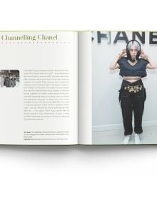 Book cover of Billie Eilish', And the Clothes She Wears, with the singer at the Spotify Best New Artist Party, 2020, in a bright lime green Valentino outfit. Published by ACC Art Books.