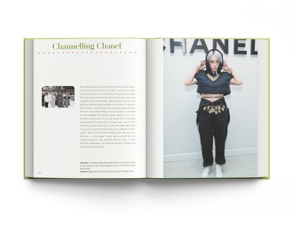 Book cover of Billie Eilish', And the Clothes She Wears, with the singer at the Spotify Best New Artist Party, 2020, in a bright lime green Valentino outfit. Published by ACC Art Books.