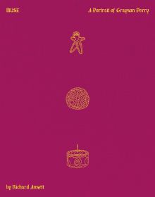 Purple cover with figure, coin and cake, in copper, on 'MUSE, A Portrait of Grayson Perry', by Lannoo Publishers.