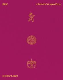 Purple cover with figure, coin and cake, in copper, on 'MUSE, A Portrait of Grayson Perry', by Lannoo Publishers.