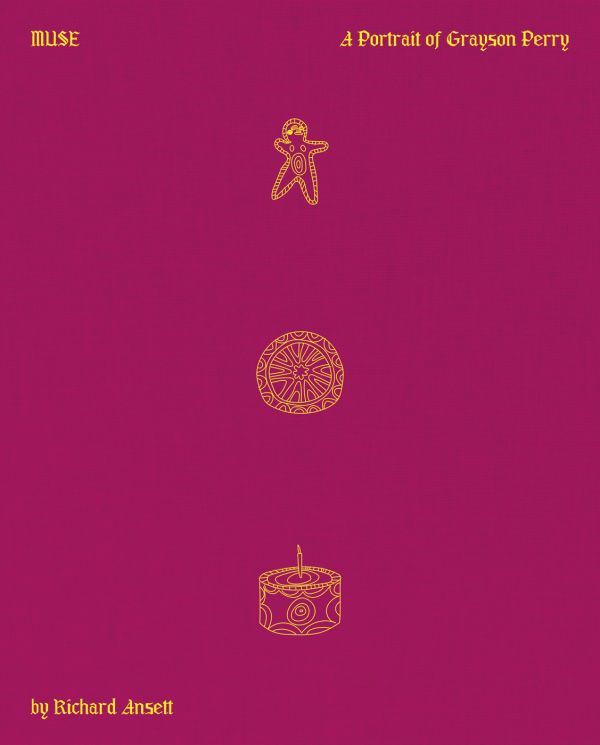 Book cover of MUSE, A Portrait of Grayson Perry, with a figure, coin and cake. Published by Lannoo Publishers.