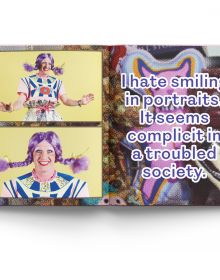 Purple cover with figure, coin and cake, in copper, on 'MUSE, A Portrait of Grayson Perry', by Lannoo Publishers.