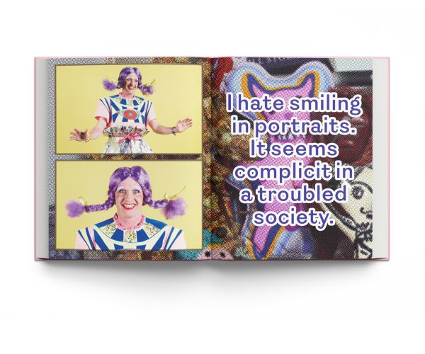 Book cover of MUSE, A Portrait of Grayson Perry, with a figure, coin and cake. Published by Lannoo Publishers.