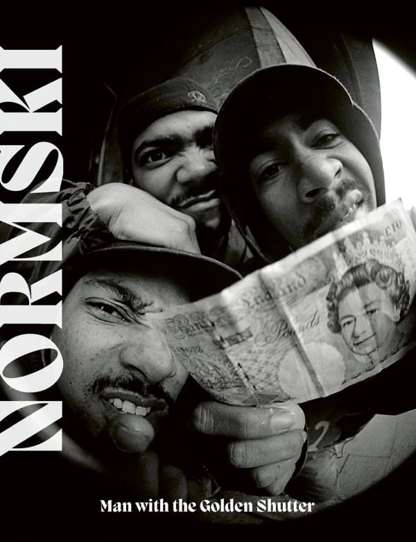 Book cover of Normski, Man with the Golden Shutter, featuring American hip hop trio, The Alkaholics, with one member flashing a ten-pound note. Published by ACC Art Books.