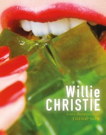 Close-up of mouth of Vogue model Marcie Hunt wearing red lipstick, biting on lime green jelly cubes, on cover of 'Willie Christie, by ACC Art Books.