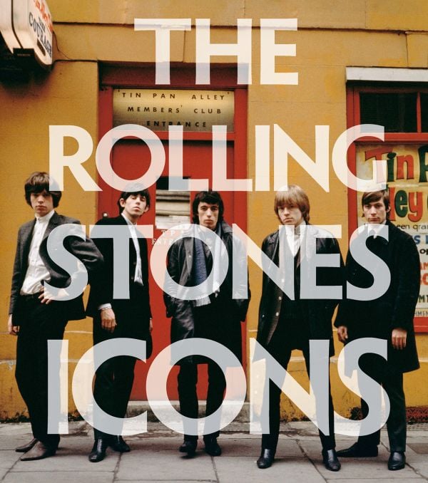 Book cover of The Rolling Stones: Icons, with early image of the band with Brian Jones, standing outside the Tin Pan Alley club in London. Published by ACC Art Books.