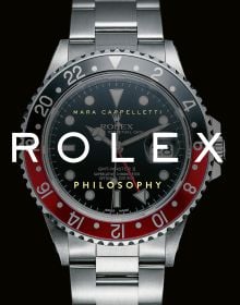Book cover of Rolex Philosophy, with a silver Rolex GMT-Master II Mens Watch. Published by ACC Art Books.