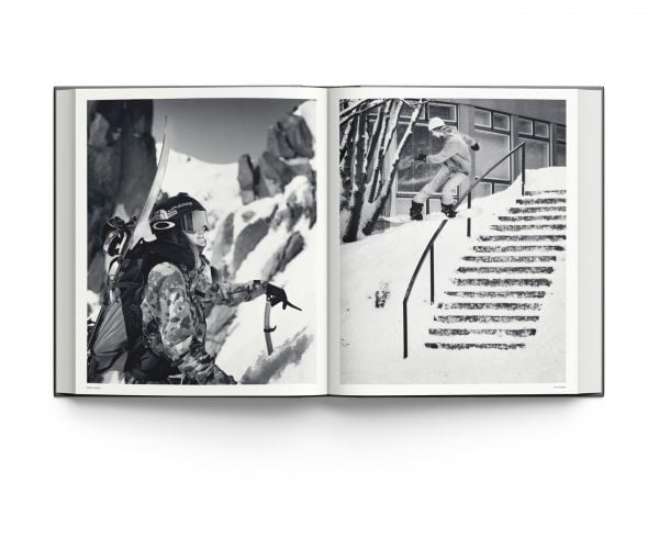 Book cover of Heroes, Women in Snowboarding, with female snowboarder sliding down rail of steps covered in snow. Published by ACC Art Books.