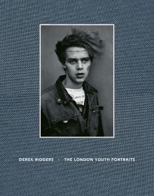Portrait of white youth Tuinol Barry, Kings Road, 1983 by Derek Ridgers, on dark blue linen cover of 'The London Youth Portraits', by ACC Art Books.