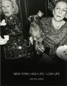 Book cover of New York: High Life / Low Life, with dachshunds fighting over canapes, Barbetta, New York, 1990, with Brooke Astor. Published by ACC Art Books.