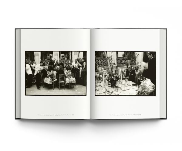 Book cover of New York: High Life / Low Life, with dachshunds fighting over canapes, Barbetta, New York, 1990, with Brooke Astor. Published by ACC Art Books.