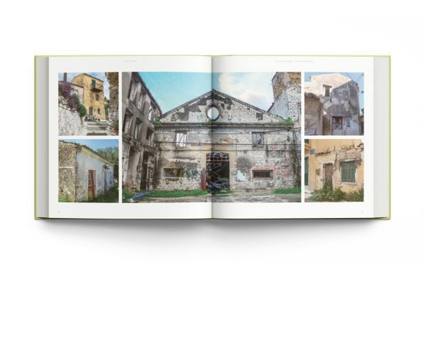 Book cover of Old Corfu, with a sunny village walkway leading to dark double doors of building, potted plants to right. Published by ACC Art Books.