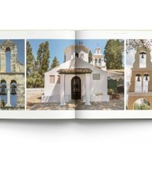 Book cover of Old Corfu, with a sunny village walkway leading to dark double doors of building, potted plants to right. Published by ACC Art Books.