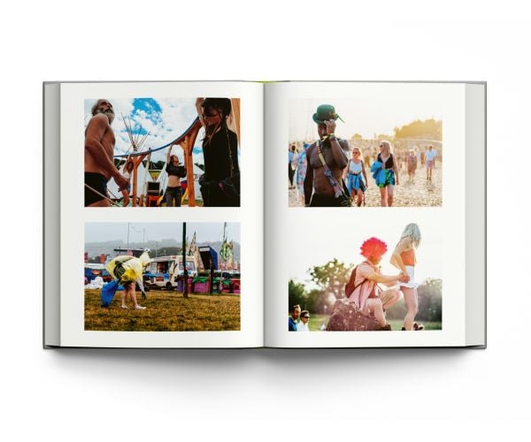 Book cover Liam Bailey's Glastonbury: The Festival and Its People, with festival goers standing at top of hill with tents behind them. Published by ACC Art Books.
