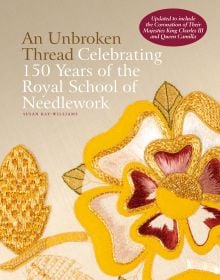 Embroidered Tudor Rose in gold and dark red, on cover of 'An Unbroken Thread, Celebrating 150 Years of the Royal School of Needlework - updated edition', by ACC Art Books.