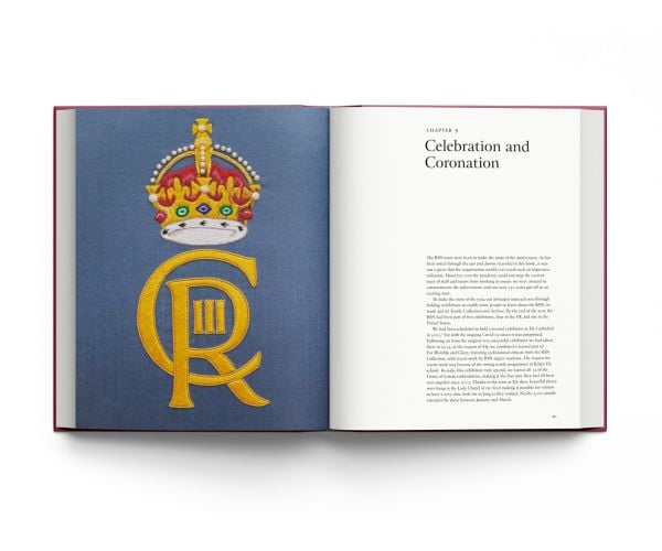 Book cover of An Unbroken Thread, Celebrating 150 Years of the Royal School of Needlework - updated edition, with an embroidered Tudor Rose in gold and dark red. Published by ACC Art Books.